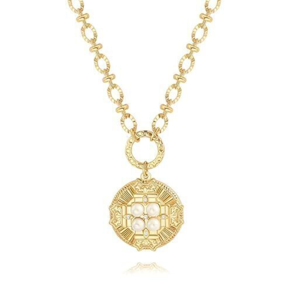 4974 Statement Byzantine Cross Medallion Necklace, 18k Gold Plated Pearl